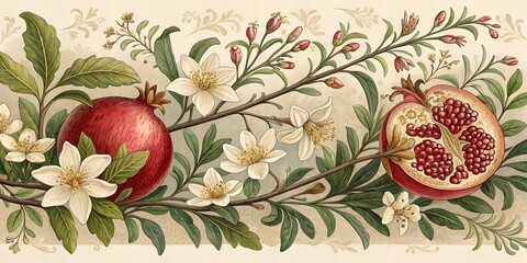 Wild pomegranate and jasmine border design, antique palette, botanical illustration texture. Perfect for invitation card design, banner, poster, web page, wallpaper, background.