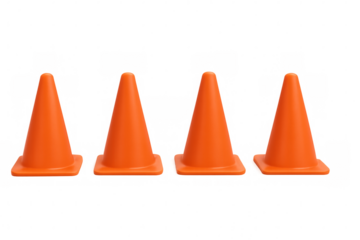 Four orange traffic cones in a row on transparent background