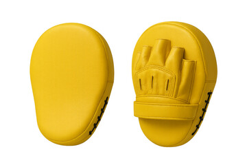 Yellow punching mitts for boxing training on transparent background