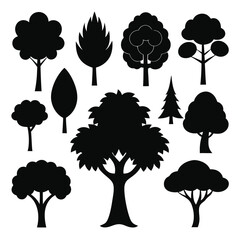 Fototapeta premium Collection of black silhouettes various tree types nature icons