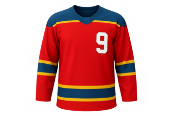 Red and blue hockey jersey with number nine isolated on transparent background