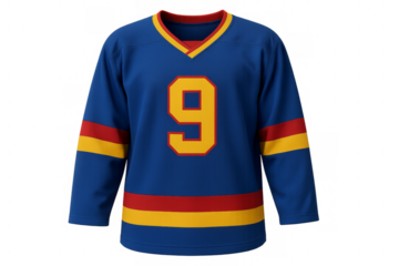 Blue hockey jersey number nine with red and yellow stripes on transparent background