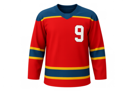 Red and blue hockey jersey with number nine isolated on transparent background