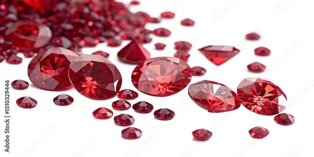 Poster Brilliant red gems scattered artfully across a smooth white surface create a captivating display of color and reflection, evoking a sense of luxury and elegance in a jewelry designer's workshop Genera