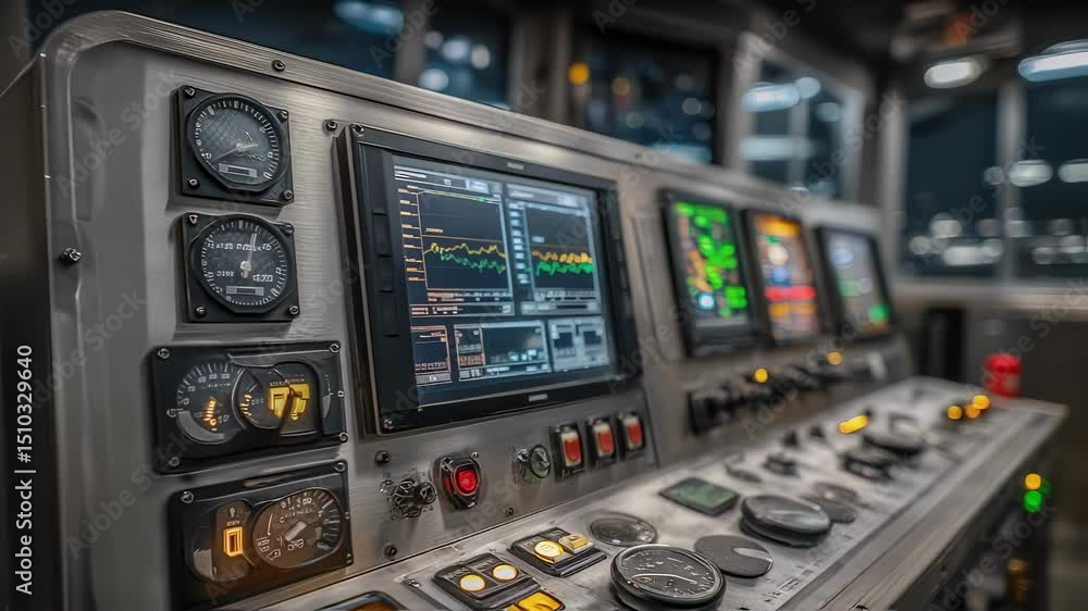 Poster complex control panel displays digital readouts, graphs, and illuminated buttons, suggesting advance