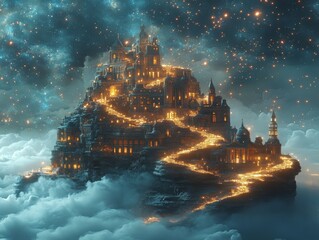 Majestic Citadel of Lumina: A Glowing Fantasy City Perched Atop a Cloud-Kissed Peak, Bathed in Starlight and Illuminated by Golden Pathways