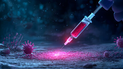 Syringe Injecting Vaccine into Virus Sample Dark Background