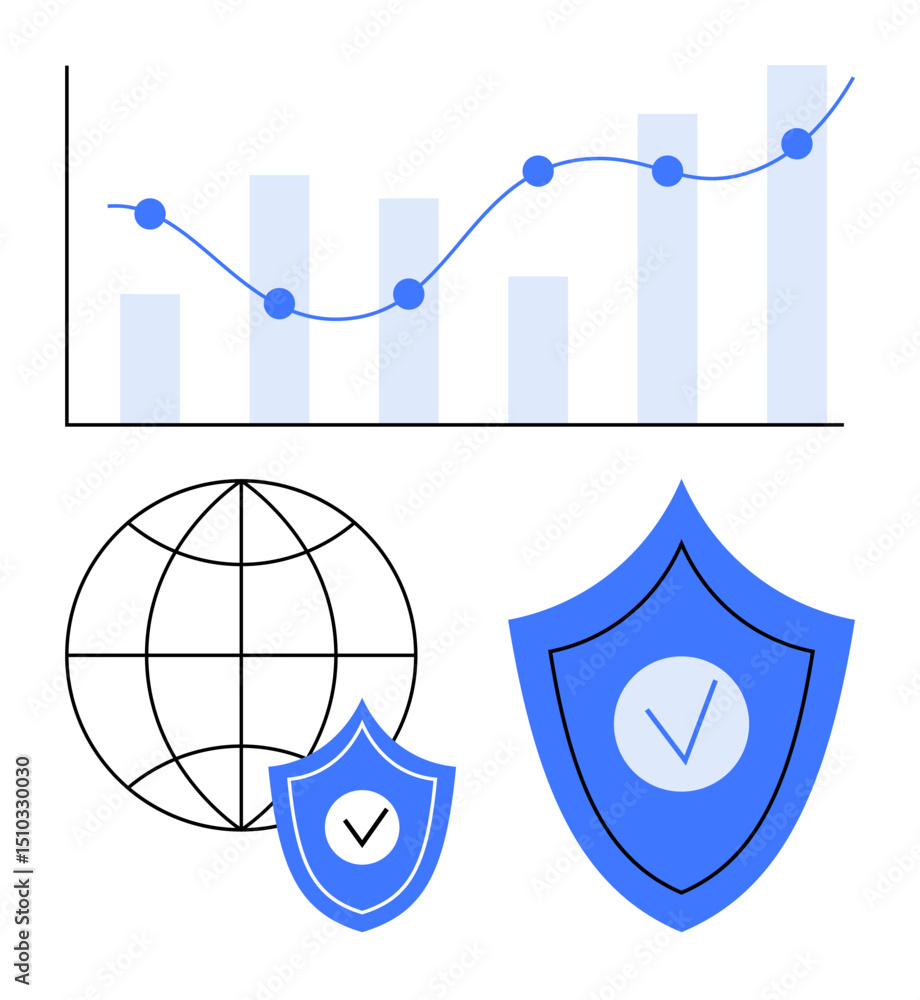 Poster line graph showing data progression, globe symbolizing worldwide connections, and shields for protec
