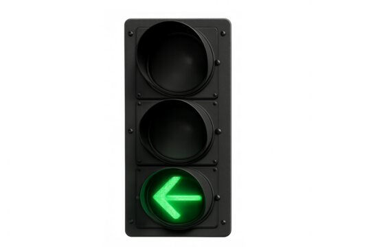Traffic light showing green left turn arrow on transparent background