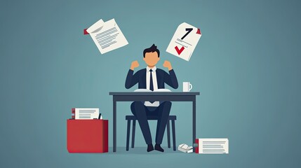 Businessman success at desk concept for office work productivity and achieving goals and tasks done well