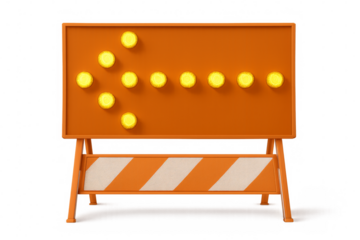 Orange road sign showing direction with glowing lights on transparent background