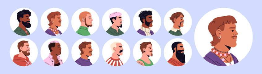 Set of side view male avatars with circle shape. Profiles of fashion men with different beards, mustaches, haircuts. Round portraits of stylish guys with moustaches. Flat isolated vector illustrations
