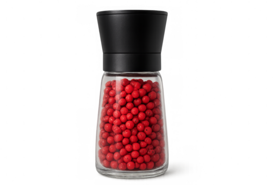 Glass pepper mill filled with pink peppercorns on transparent background