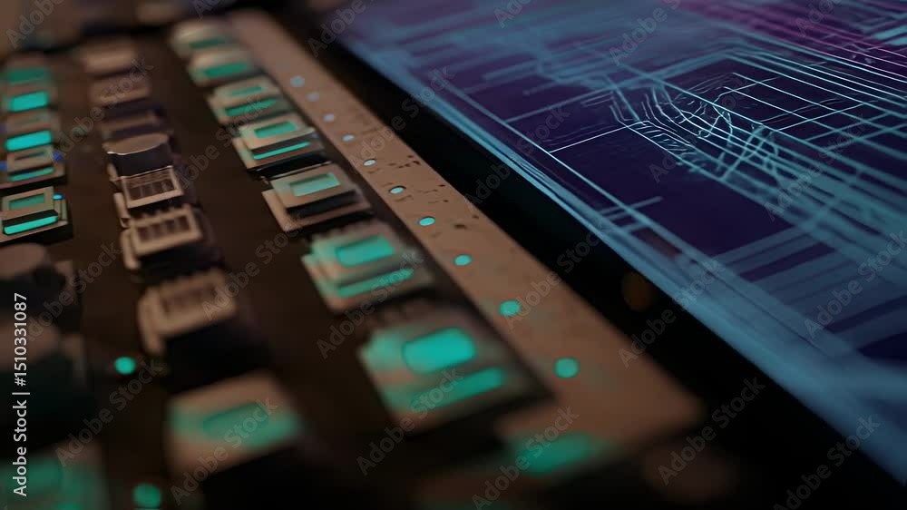Aufkleber complex digital interface on a futuristic control panel guides the carving process of recycled mater