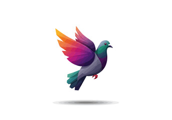 Colorful Geometric Pigeon in Flight with Wings Spread