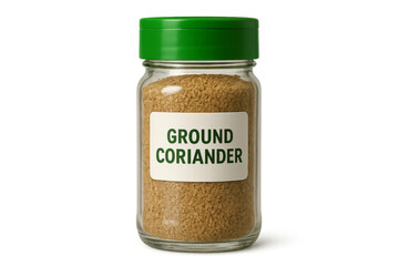 Ground coriander in glass jar with green lid on transparent background