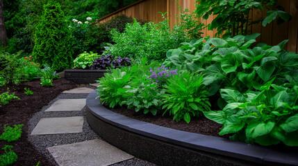 Backyard garden with lush greenery and curved stone path