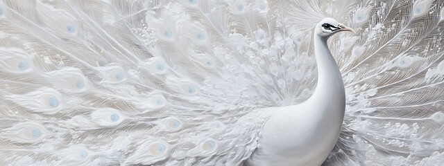 Majestic white peacock displaying its elaborate tail feathers in a beautiful, elegant pose. Animal illustration, bird species