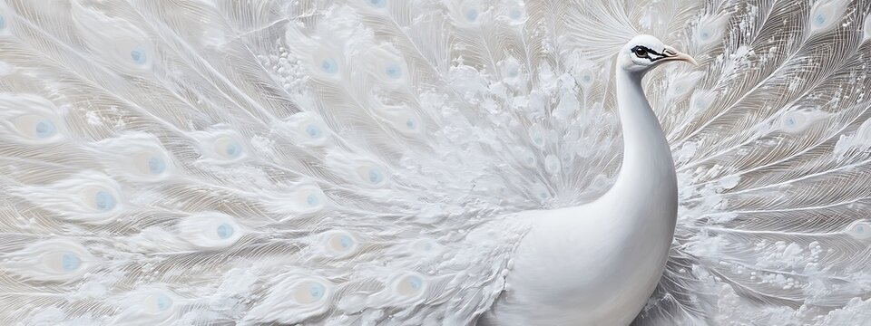 Majestic white peacock displaying its elaborate tail feathers in a beautiful, elegant pose. Animal illustration, bird species