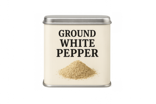 Ground white pepper in a tin can with transparent background