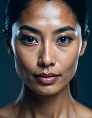 Close-up portrait of an indian woman's face. Realistic skin texture, natural lighting, sharpness, detailed eyes, natural skin imperfections.