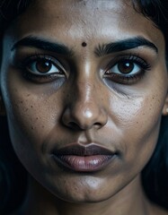 Close-up portrait of an indian woman's face. Realistic skin texture, natural lighting, sharpness, detailed eyes, natural skin imperfections.