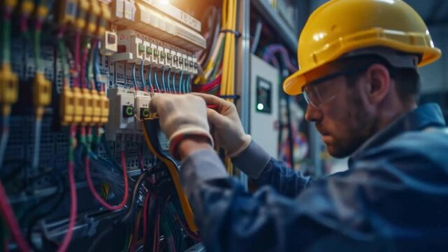 Technician using digital multimeter to inspect circuit breakers and wiring in industrial control panel with realistic lighting and tools