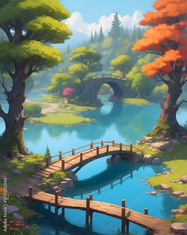 Poster an serene landscape with a tranquil lake and wooden bridge and trees in a scenic natural setting. th