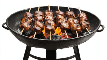 Grilled skewers of meat over hot coals in a cast iron grill