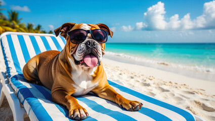 Relaxed bulldog with sunglasses lounges on a sunbed at the beach, funny pet shows tongue out. Summertime vacation and holiday leisure concept