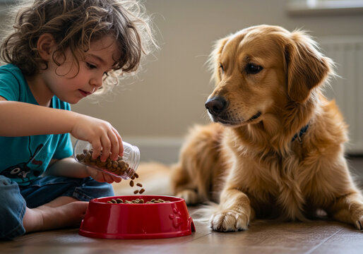 A toddler carefully feeds to a golden retriever, highlighting early empathy and responsibility in a cozy home.
