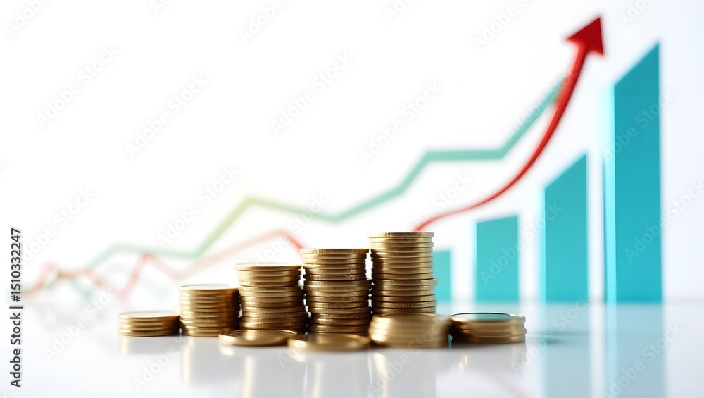 Poster golden coins stacked to create graph in financial growth concept, with an upward-pointing arrow