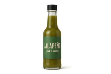 Glass bottle of jalape&ntilde;o hot sauce on transparent background
