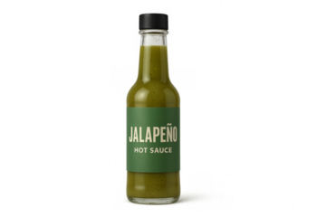 Glass bottle of jalapeño hot sauce on transparent background