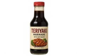 Teriyaki marinade bottle with soy sauce on transparent background