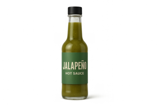 Glass bottle of jalapeño hot sauce on transparent background - Powered by Adobe