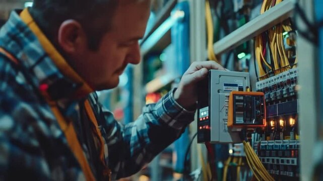 Technician using digital multimeter to inspect circuit breakers and wiring in industrial control panel with realistic lighting and tools
