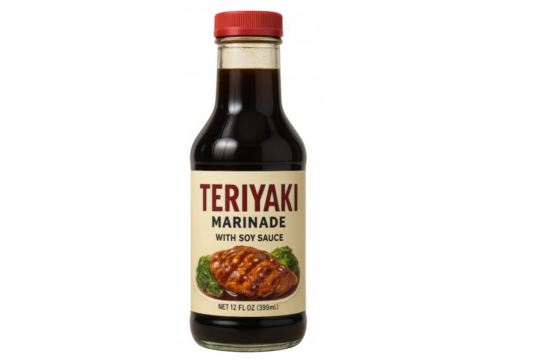 Teriyaki marinade bottle with soy sauce on transparent background