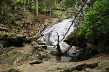 Im Frühjahr fließt Wasser den Rißlochwasserfall in Bodenmais hinab in der Rißlochschlucht. Der Ort liegt im Bayerischen Wald. 