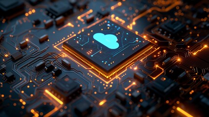 Cloud technology integrates with AI systems on a circuit board showcasing digital connectivity