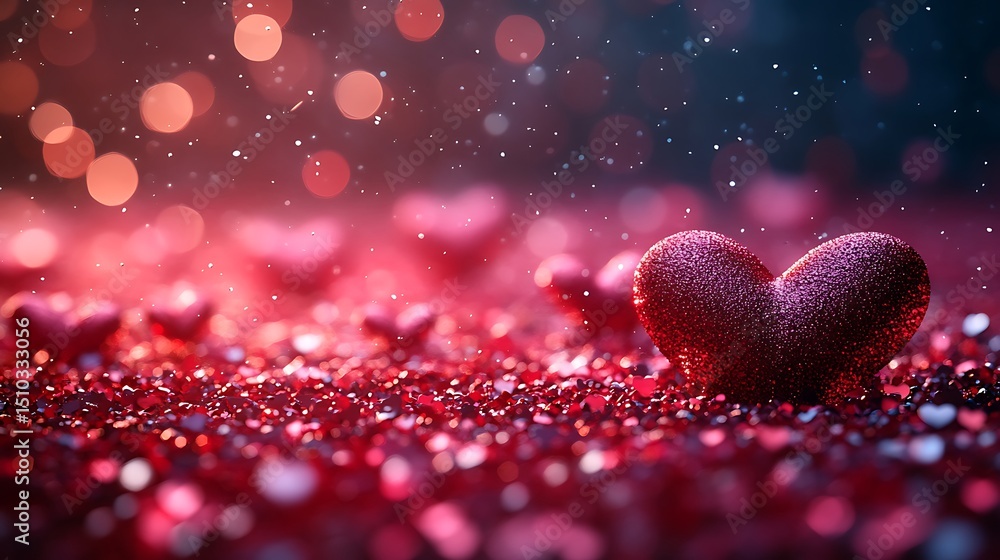 Poster glittering red heart shapes surrounded by romantic bokeh and high resolution image.