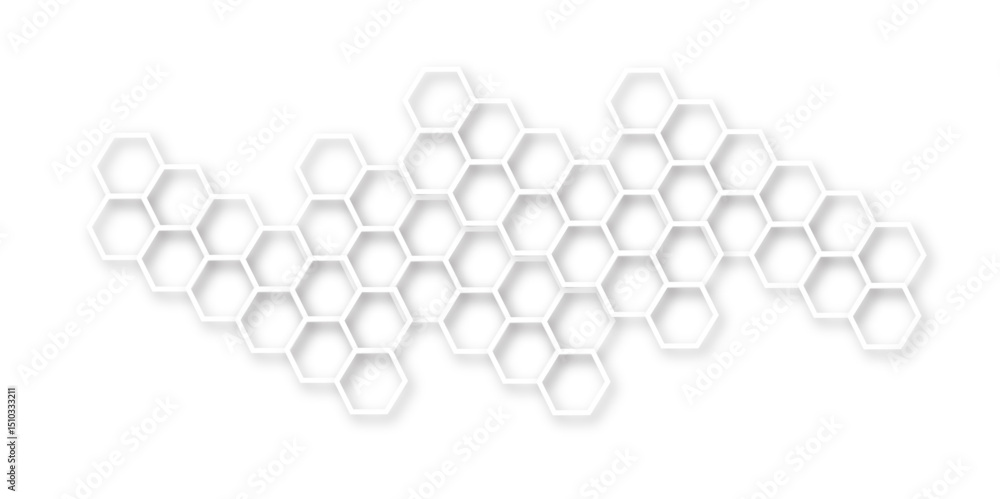Poster hexagons with subtle gray shadows, white background featuring a pattern of overlapping white outline