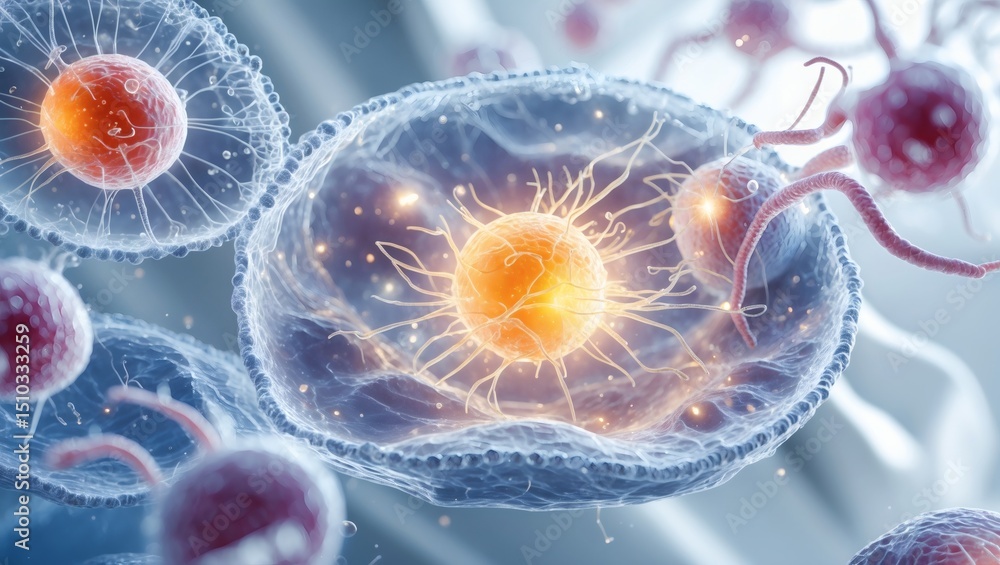 Poster abstract render of cell and immune system. it shows cell structures, biology