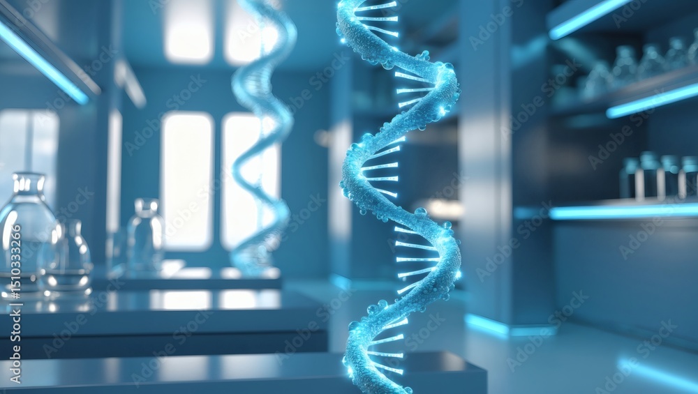 Poster DNA double helix structure in a modern laboratory setting. The helix is luminous blue, and the lab is sleek and high-tech.