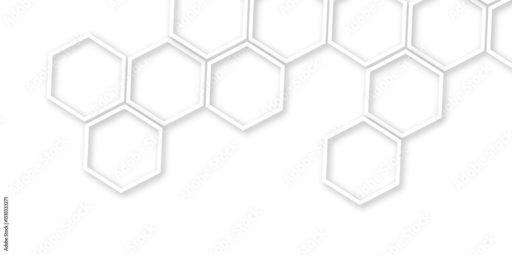 Poster hexagons with subtle gray shadows, white background featuring a pattern of overlapping white outline