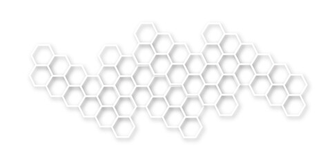 hexagons with subtle gray shadows, White background featuring a pattern of overlapping white outlined hexagons, creating a modern and minimalist design	