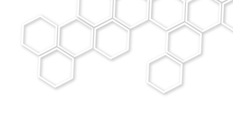 hexagons with subtle gray shadows, White background featuring a pattern of overlapping white outlined hexagons, creating a modern and minimalist design	