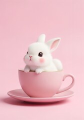 Charming fluffy rabbit nestled in a delicate pink teacup, surrounded by a soft pastel background, showcasing the whimsical beauty of springtime innocence and delightful imagination Generative AI