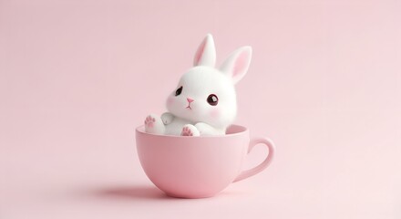 Delightful white bunny peeks out from a soft pink cup in a whimsical and playful setting, showcasing a blend of cuteness and charm that captivates the heart Generative AI