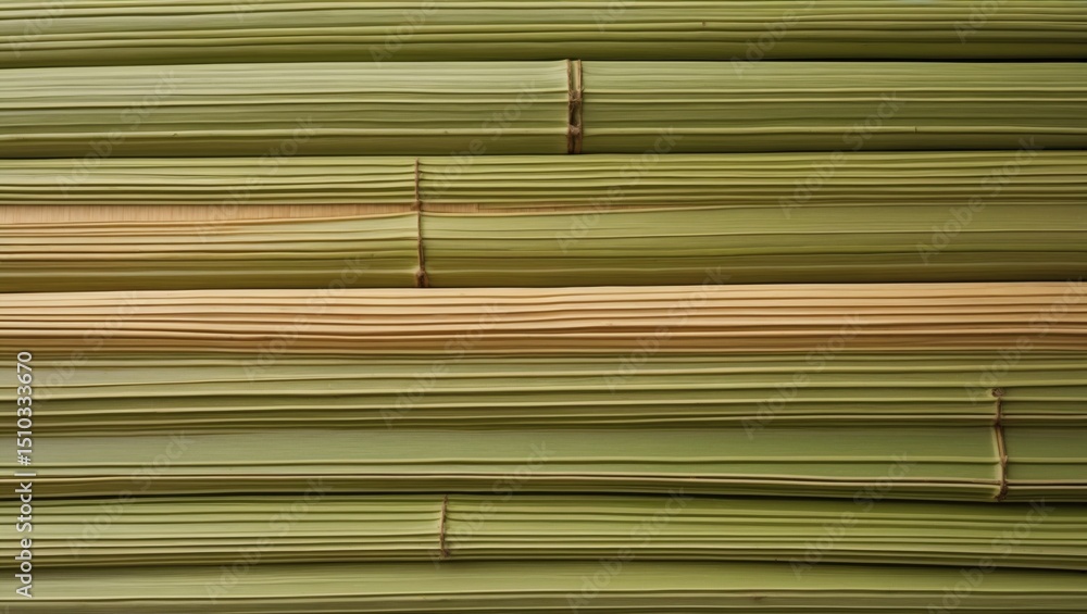 Poster close-up view of neatly arranged bamboo stalks, showcasing their natural texture and color variation